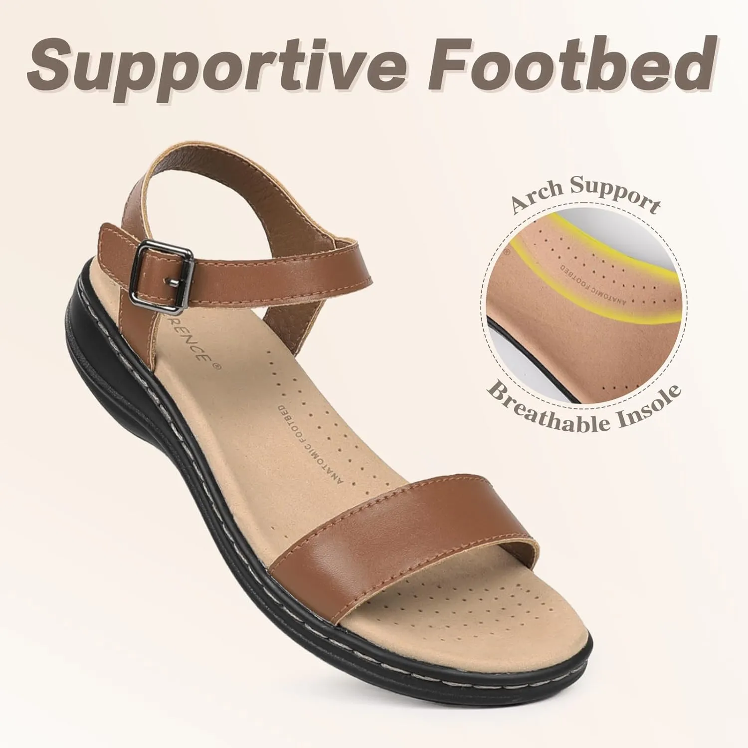 CIOR Leather Women Sandals with Arch Support, Comfortable Memory Foam Summer Beach Sandals Shoes