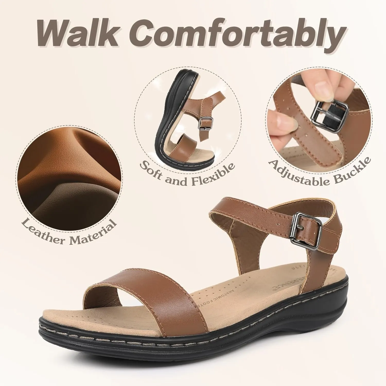 CIOR Leather Women Sandals with Arch Support, Comfortable Memory Foam Summer Beach Sandals Shoes