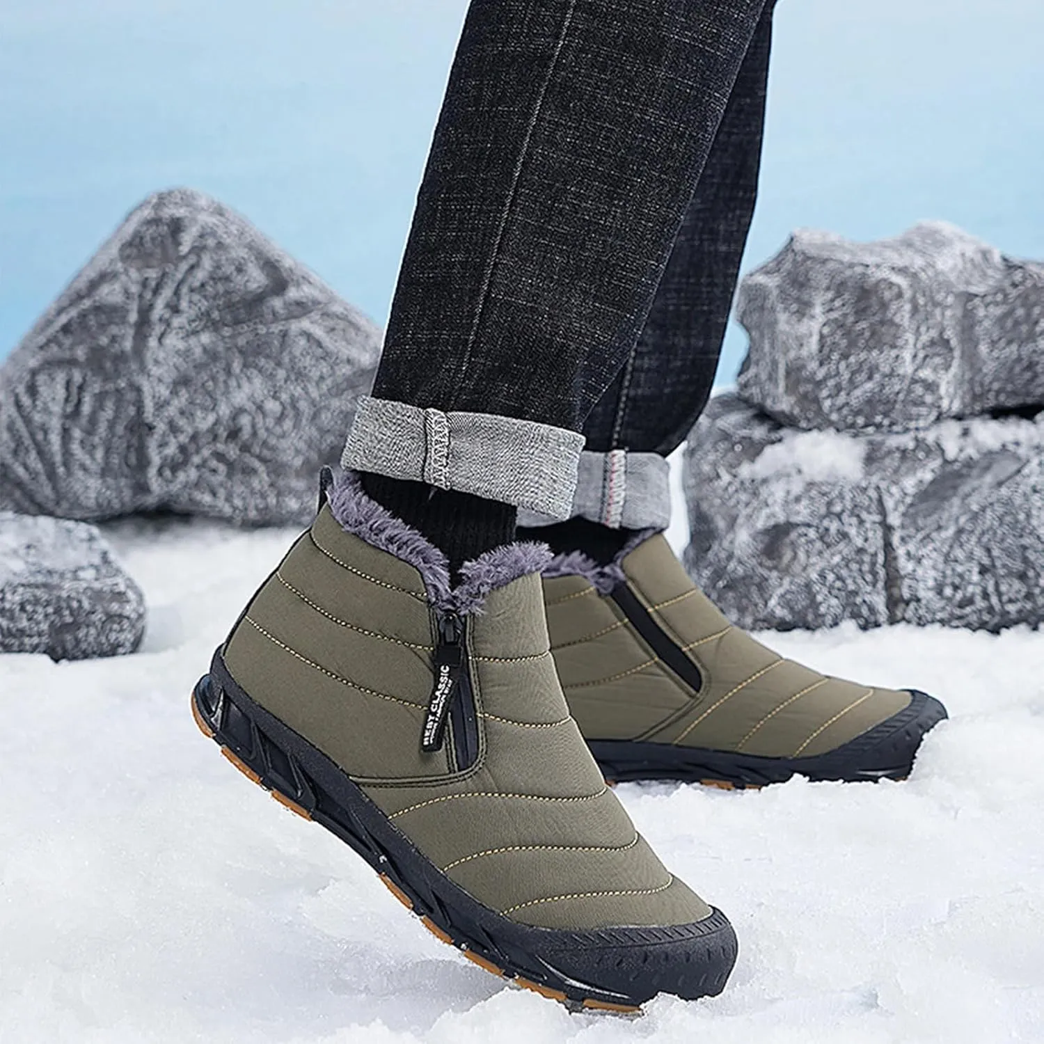 CLOUDEMO Snow Boots Mens Waterproof Winter Boots, Winter Shoes Men, Fur Lined Warm Slip Ankle Boots Zipper Closure Slip on Outdoor Boot Comfortable Walking Shoes