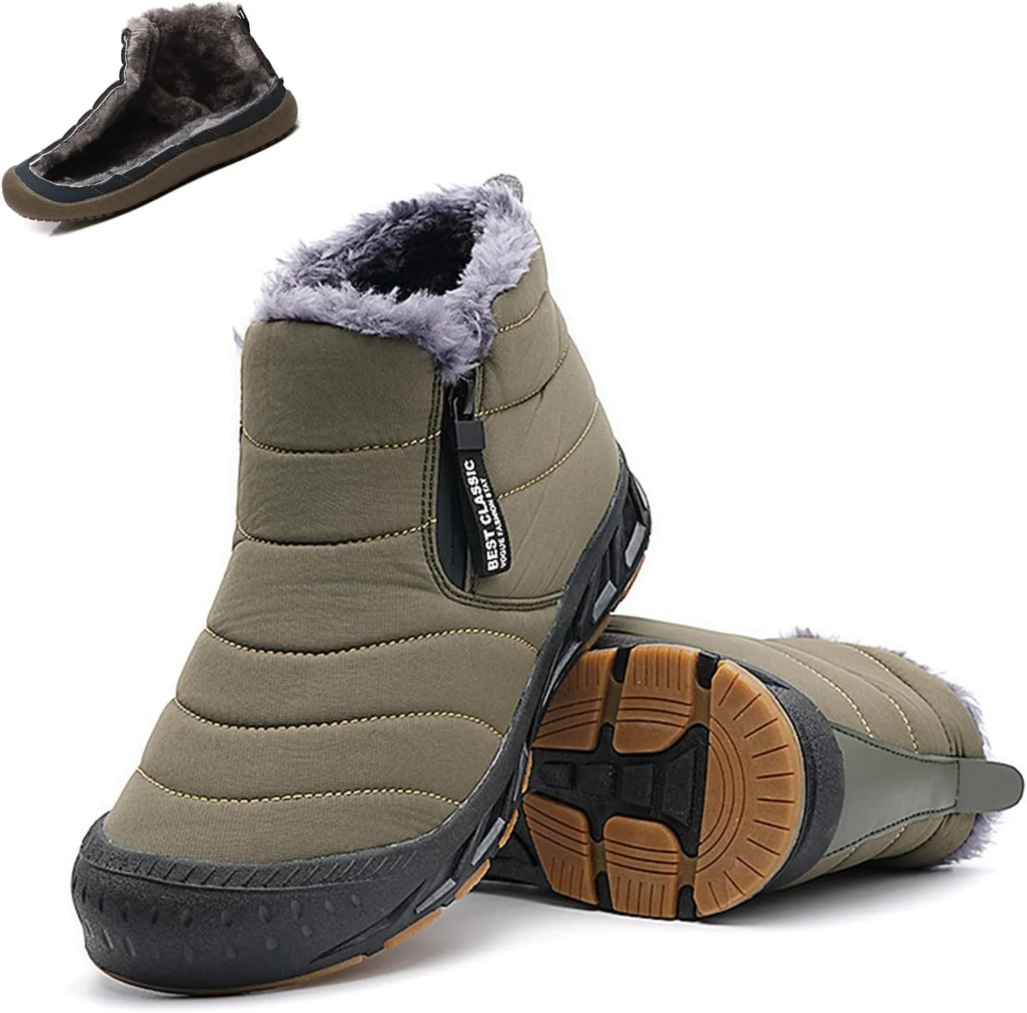 CLOUDEMO Snow Boots Mens Waterproof Winter Boots, Winter Shoes Men, Fur Lined Warm Slip Ankle Boots Zipper Closure Slip on Outdoor Boot Comfortable Walking Shoes