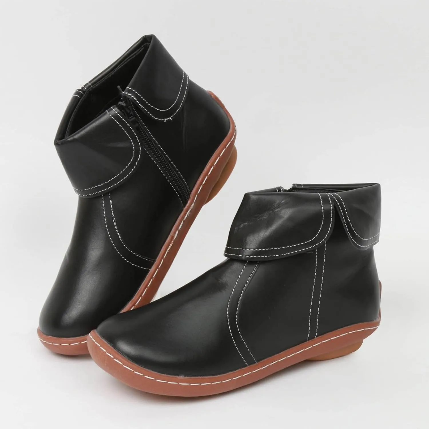 Comfortable Boots for Women Walking Leather Women Ankle Boot Comfy Fashion Round Toe Soft Sole Flat Rubble Women Boot