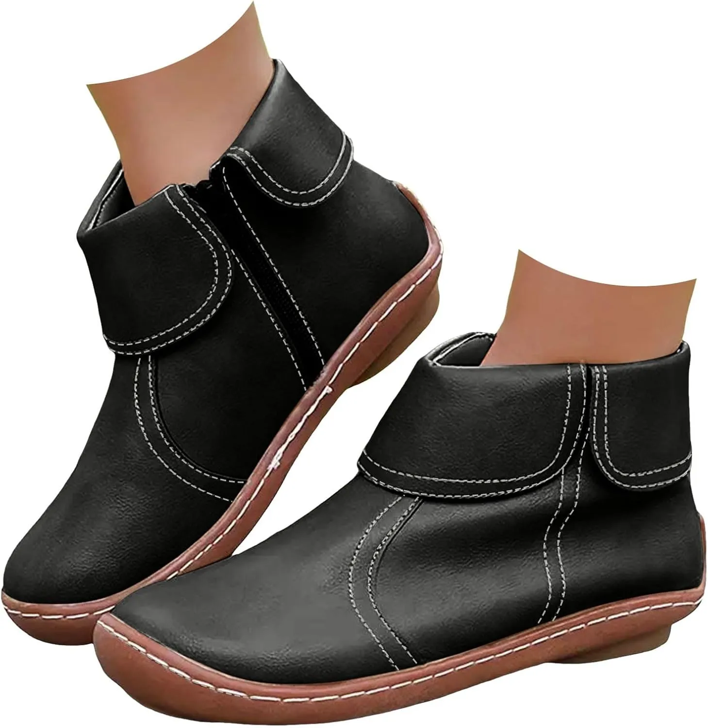Comfortable Boots for Women Walking Leather Women Ankle Boot Comfy Fashion Round Toe Soft Sole Flat Rubble Women Boot