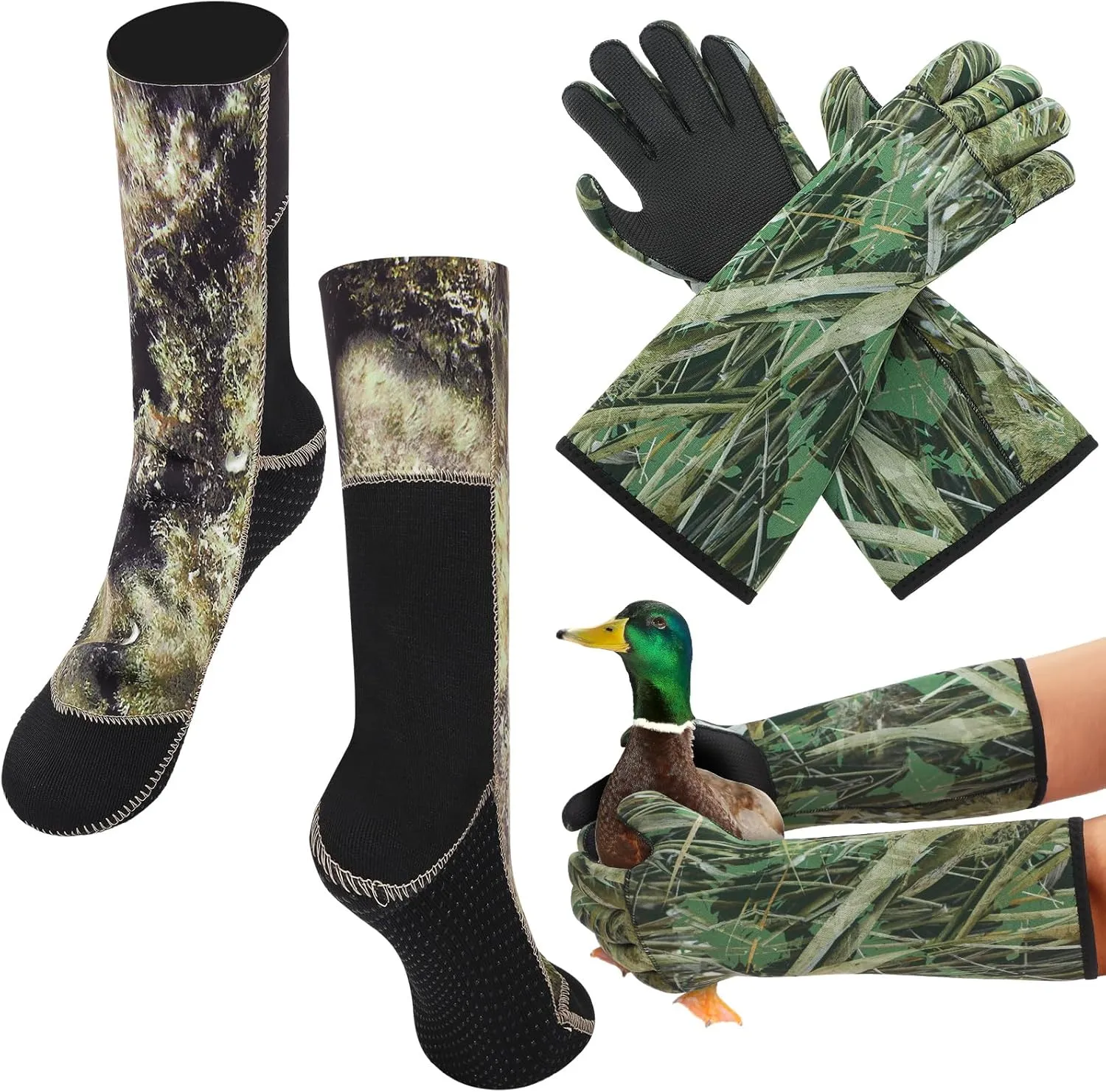 Coume 2 Pack Decoy Gloves Waterfowl Gloves and Insulated Hunting Socks Duck Hunting Accessories and Gear Waterproof Decoy Gloves Wader Socks for Men & Women Cold Weather