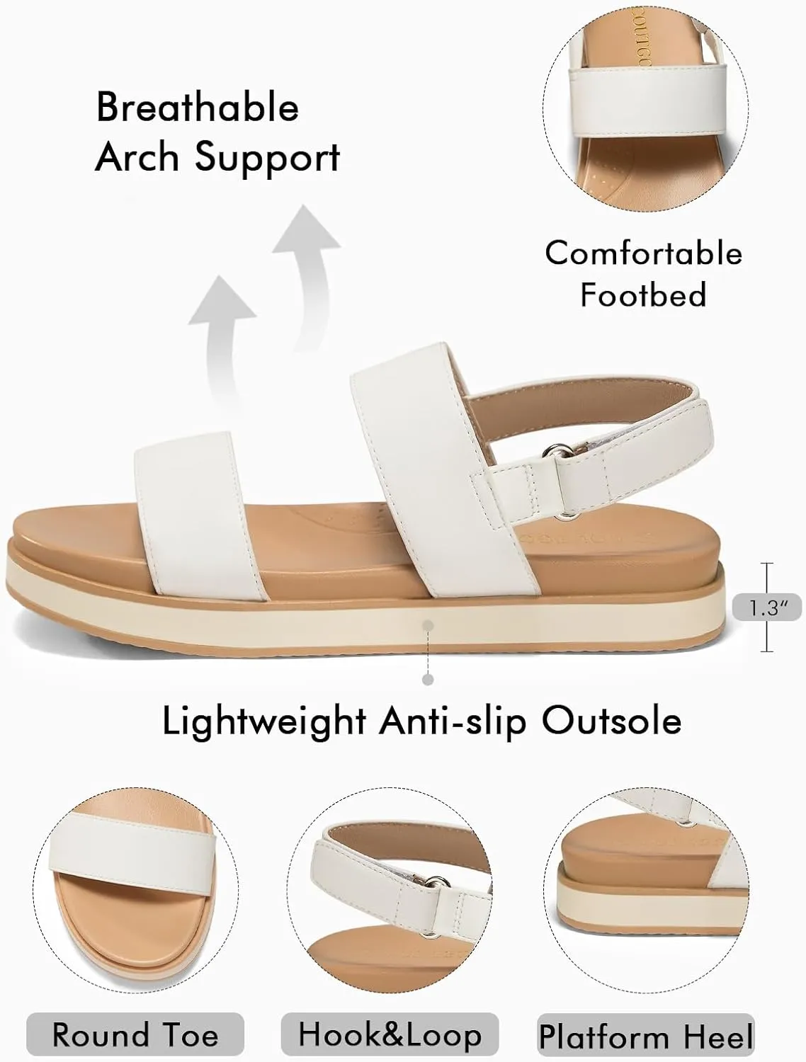 Coutgo Womens Flat Sandals Comfortable Arch Support Adjustable Double Strap Lightweight Summer Platform Sandals