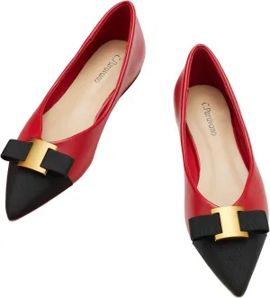 C.Paravano Women's Pointed Toe Ballet Flats with Bow Slip-On Dressy Flats for Women Comfortable Elegant Casual Shoes for Work Part Daily Wear (Size 11.5,Red Metal)