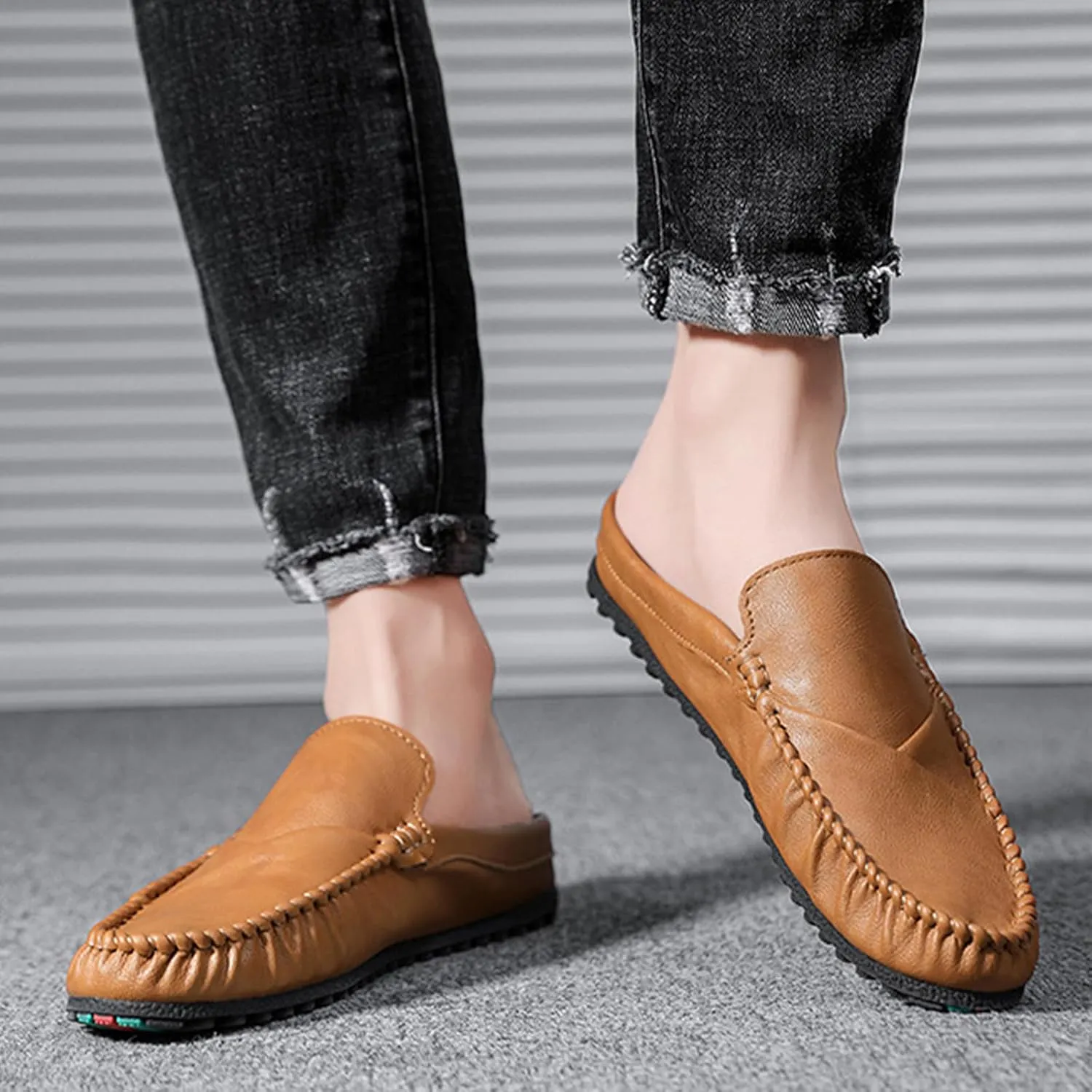 Crepuscute Men's Leather Causal Mules Lightweight Comfortable Slip On Casual Loafers Outdoor Fashion Business Dress Moccasins Driving Shoes