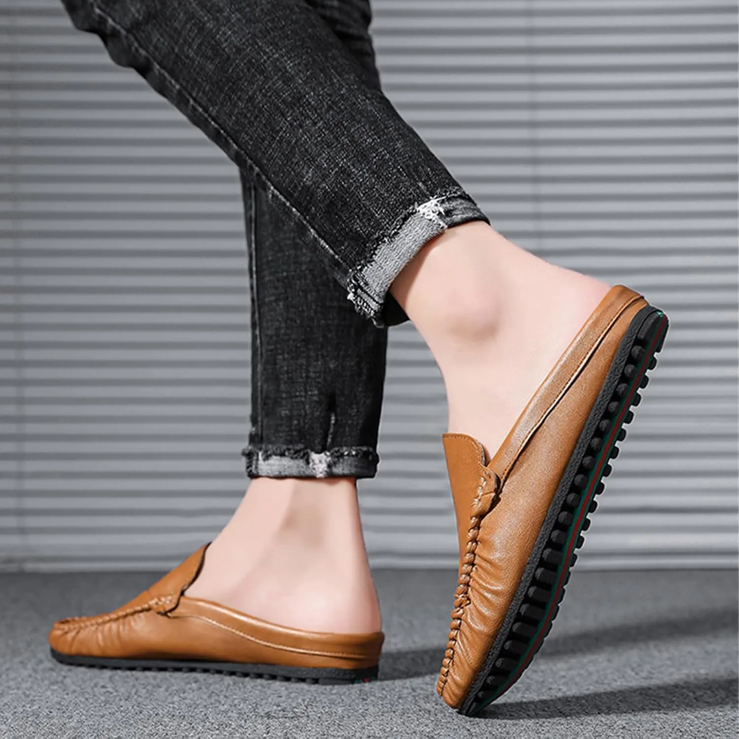 Crepuscute Men's Leather Causal Mules Lightweight Comfortable Slip On Casual Loafers Outdoor Fashion Business Dress Moccasins Driving Shoes