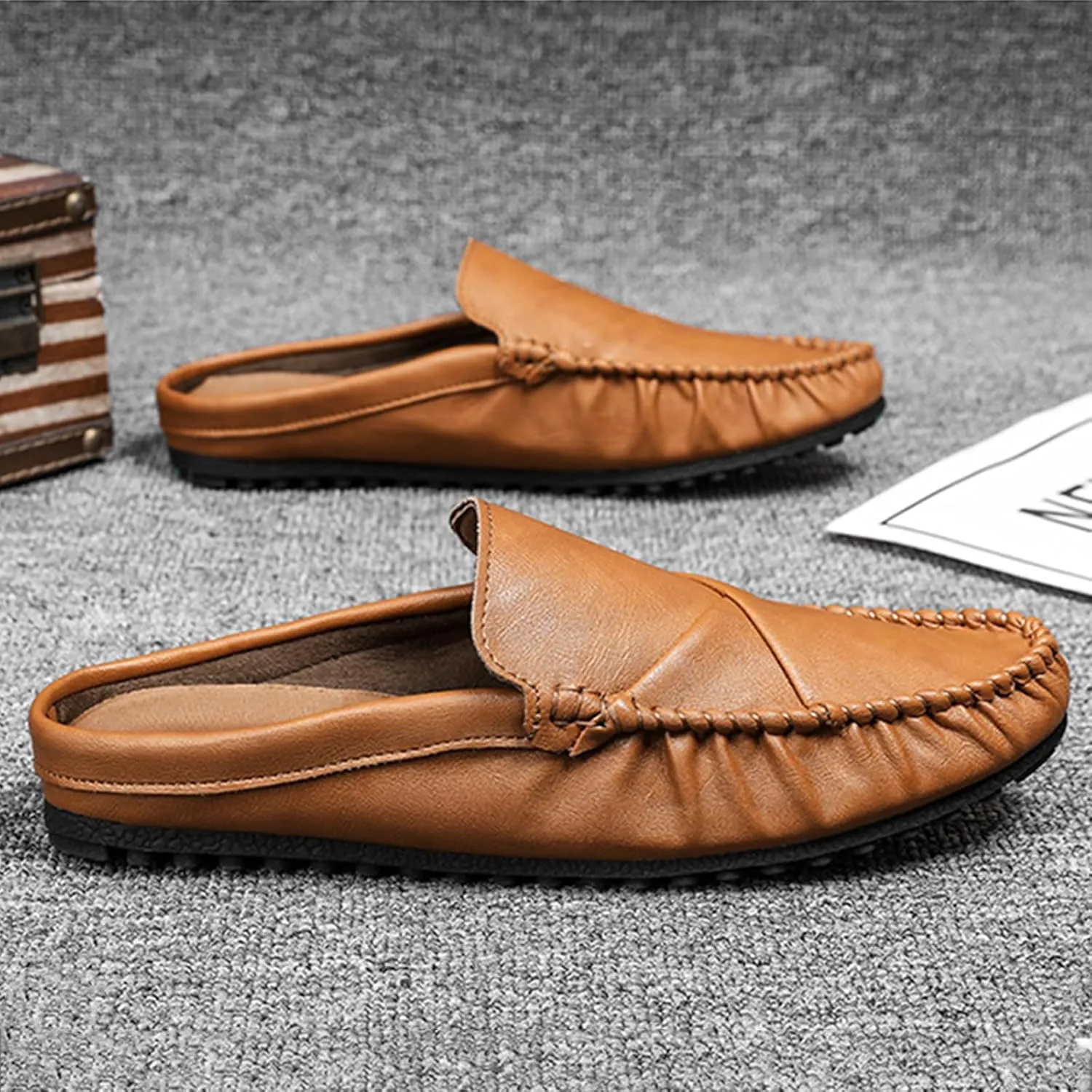 Crepuscute Men's Leather Causal Mules Lightweight Comfortable Slip On Casual Loafers Outdoor Fashion Business Dress Moccasins Driving Shoes