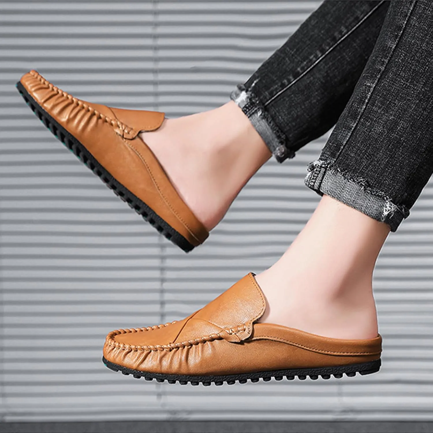 Crepuscute Men's Leather Causal Mules Lightweight Comfortable Slip On Casual Loafers Outdoor Fashion Business Dress Moccasins Driving Shoes