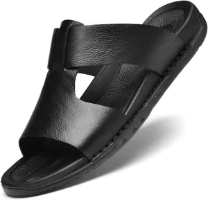 Crepuscute Men's Open Toe Leather Slide Sandals Slip On Comfortable Lightweight Casual Beach Slides Summer Outdoor Sandals