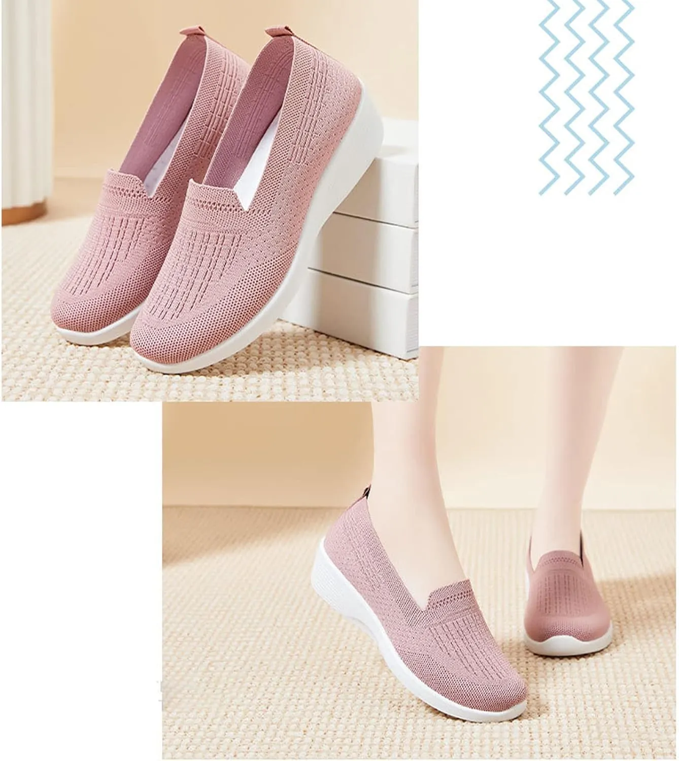 Crepuscute Women's Knitted Mesh Round Toe Low Wedge Loafers Slip On Lightweight Thicken Memory Foam Shoes Comfortable Non-Slip Soft Bottom Casual Walking Shoes