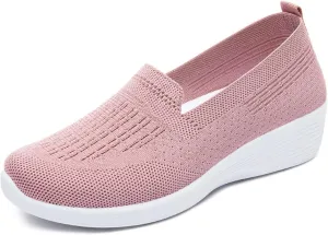 Crepuscute Women's Knitted Mesh Round Toe Low Wedge Loafers Slip On Lightweight Thicken Memory Foam Shoes Comfortable Non-Slip Soft Bottom Casual Walking Shoes
