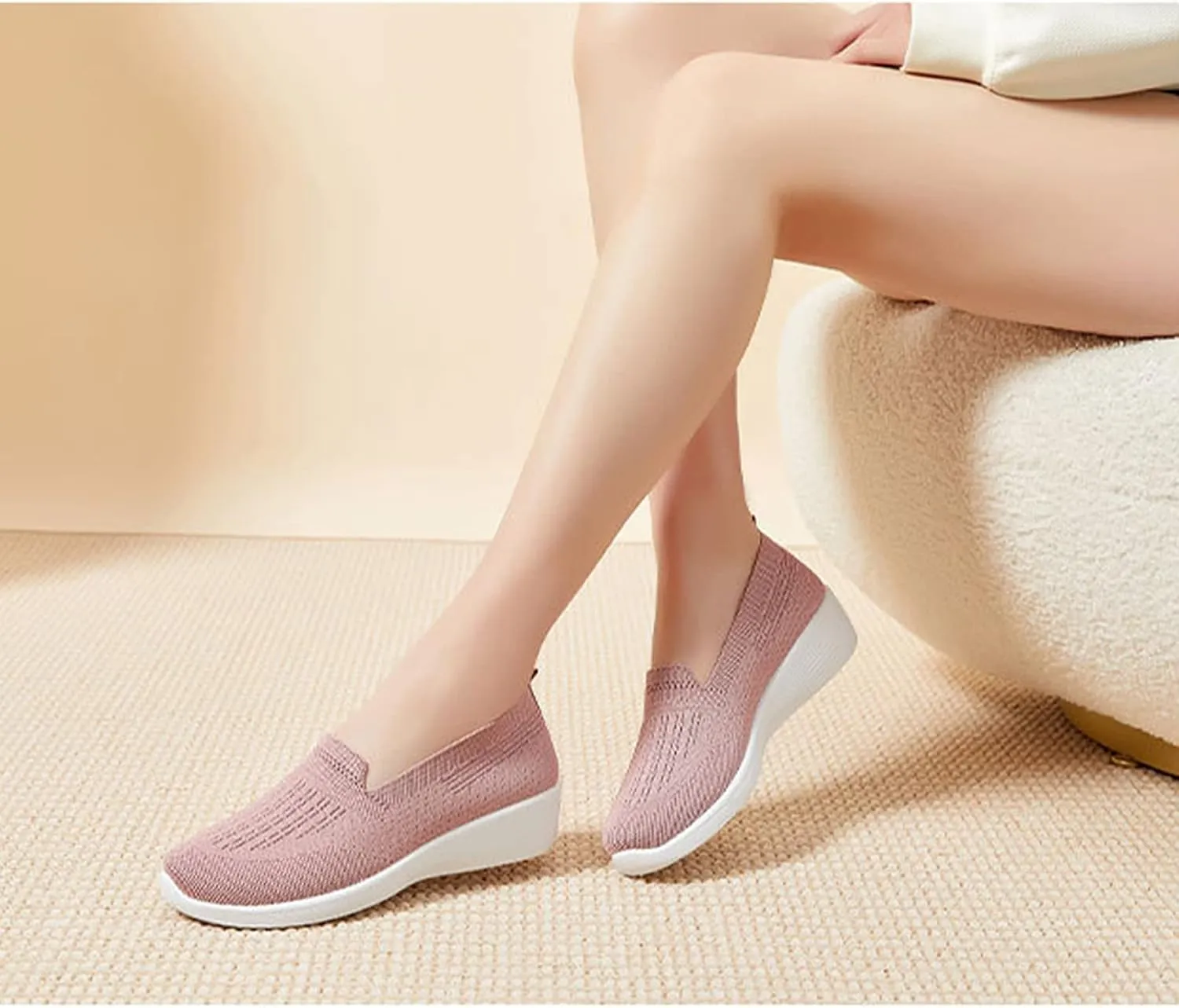 Crepuscute Women's Knitted Mesh Round Toe Low Wedge Loafers Slip On Lightweight Thicken Memory Foam Shoes Comfortable Non-Slip Soft Bottom Casual Walking Shoes