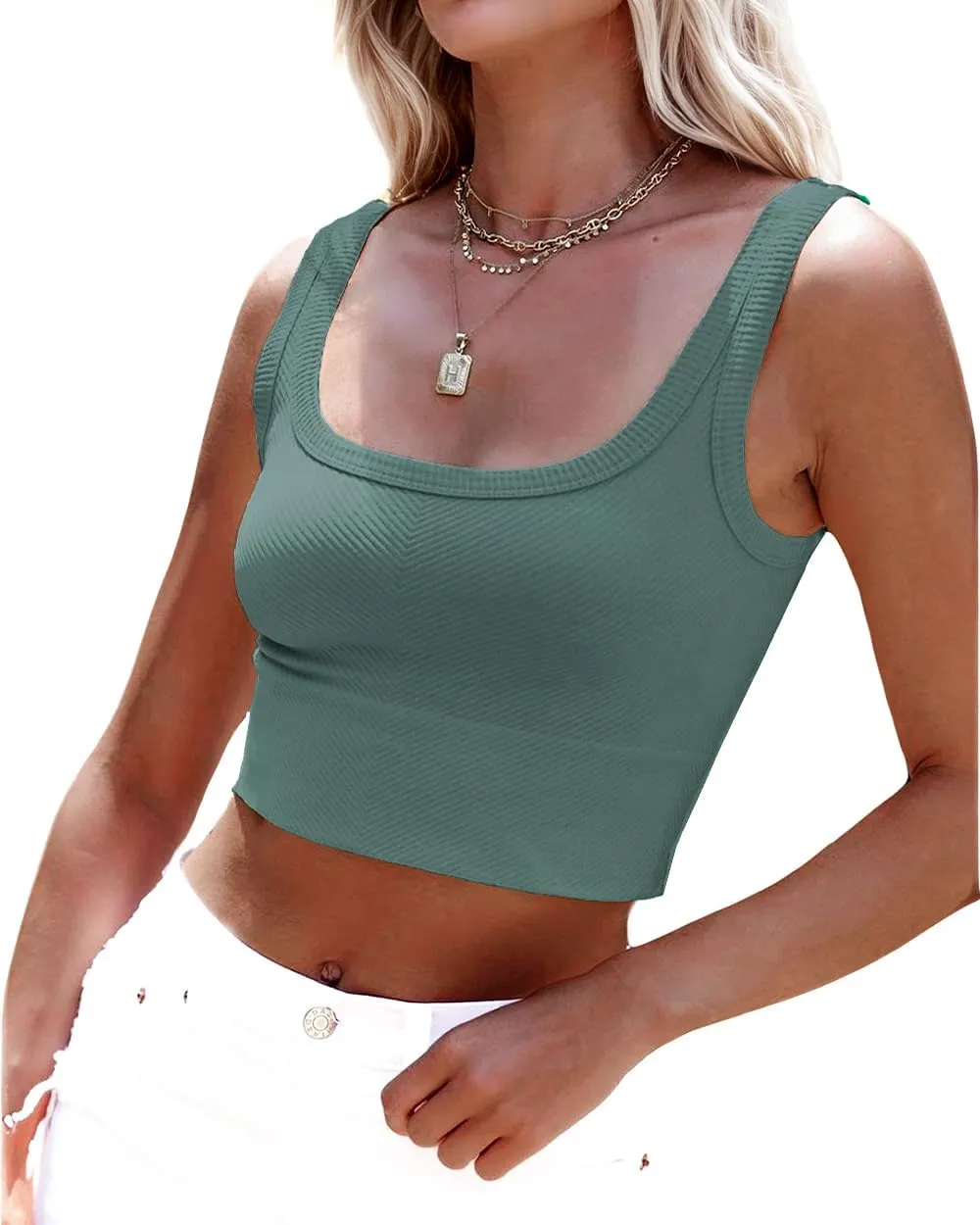CYVESOULA Tank Top for Women Scoop Neck Sleeveless Crop Tops Chevron Ribbed Knit Crop Tank Top Fitted Soft Basic Cropped Tank