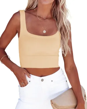 CYVESOULA Tank Top for Women Scoop Neck Sleeveless Crop Tops Chevron Ribbed Knit Crop Tank Top Fitted Soft Basic Cropped Tank