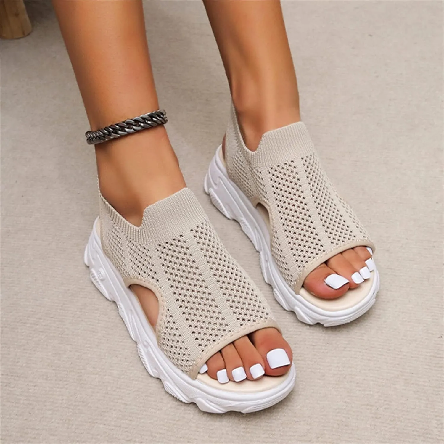 DOIX Women's Mesh Sandals Wedge Heel Comfortable Knit Sports Sandals Thick Fish Mouth Beach Casual Sandals Summer Elastic Slip on Platform Walking Shoes,Beige,US11/EU42