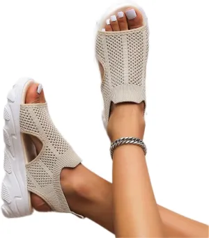 DOIX Women's Mesh Sandals Wedge Heel Comfortable Knit Sports Sandals Thick Fish Mouth Beach Casual Sandals Summer Elastic Slip on Platform Walking Shoes,Beige,US11/EU42