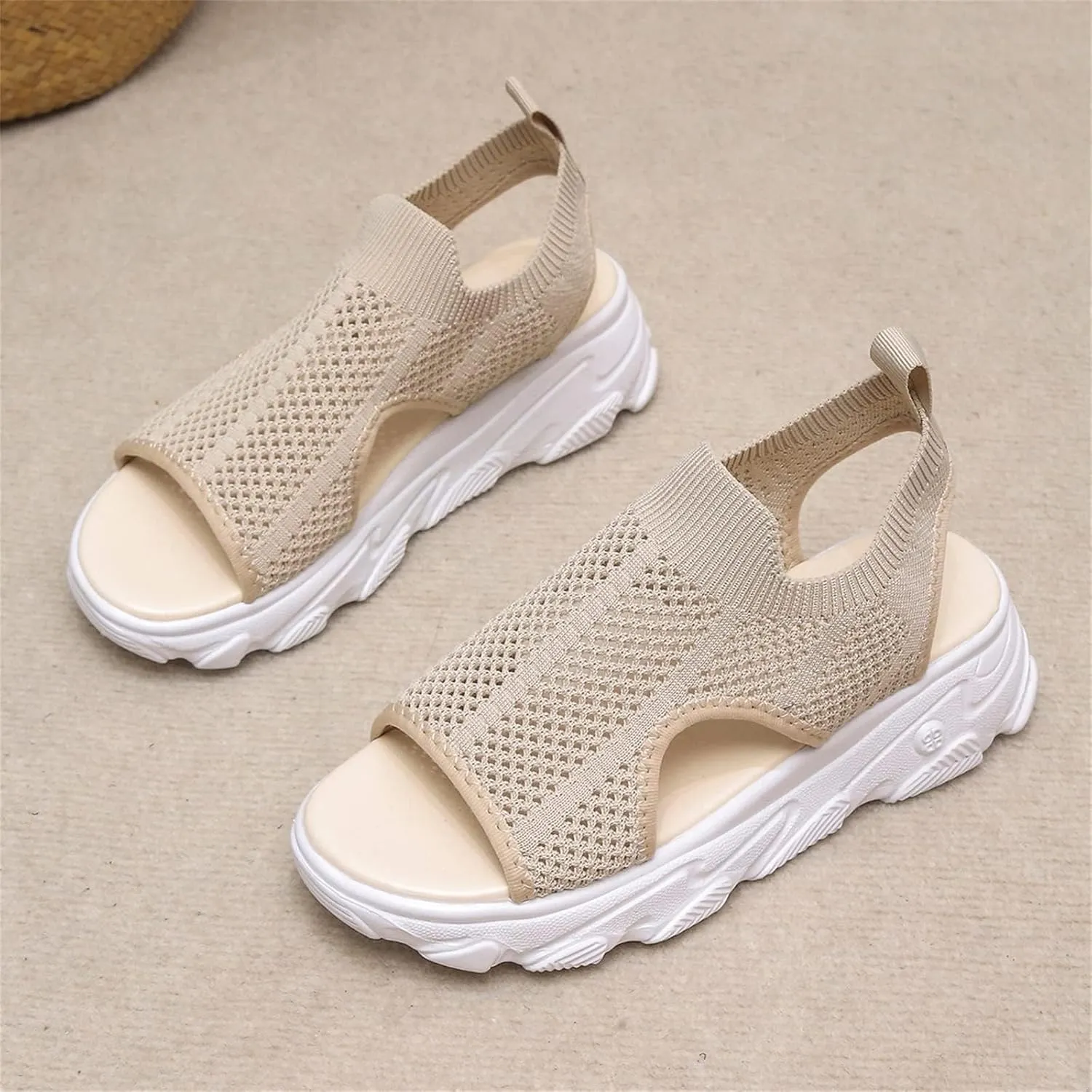 DOIX Women's Mesh Sandals Wedge Heel Comfortable Knit Sports Sandals Thick Fish Mouth Beach Casual Sandals Summer Elastic Slip on Platform Walking Shoes,Beige,US11/EU42