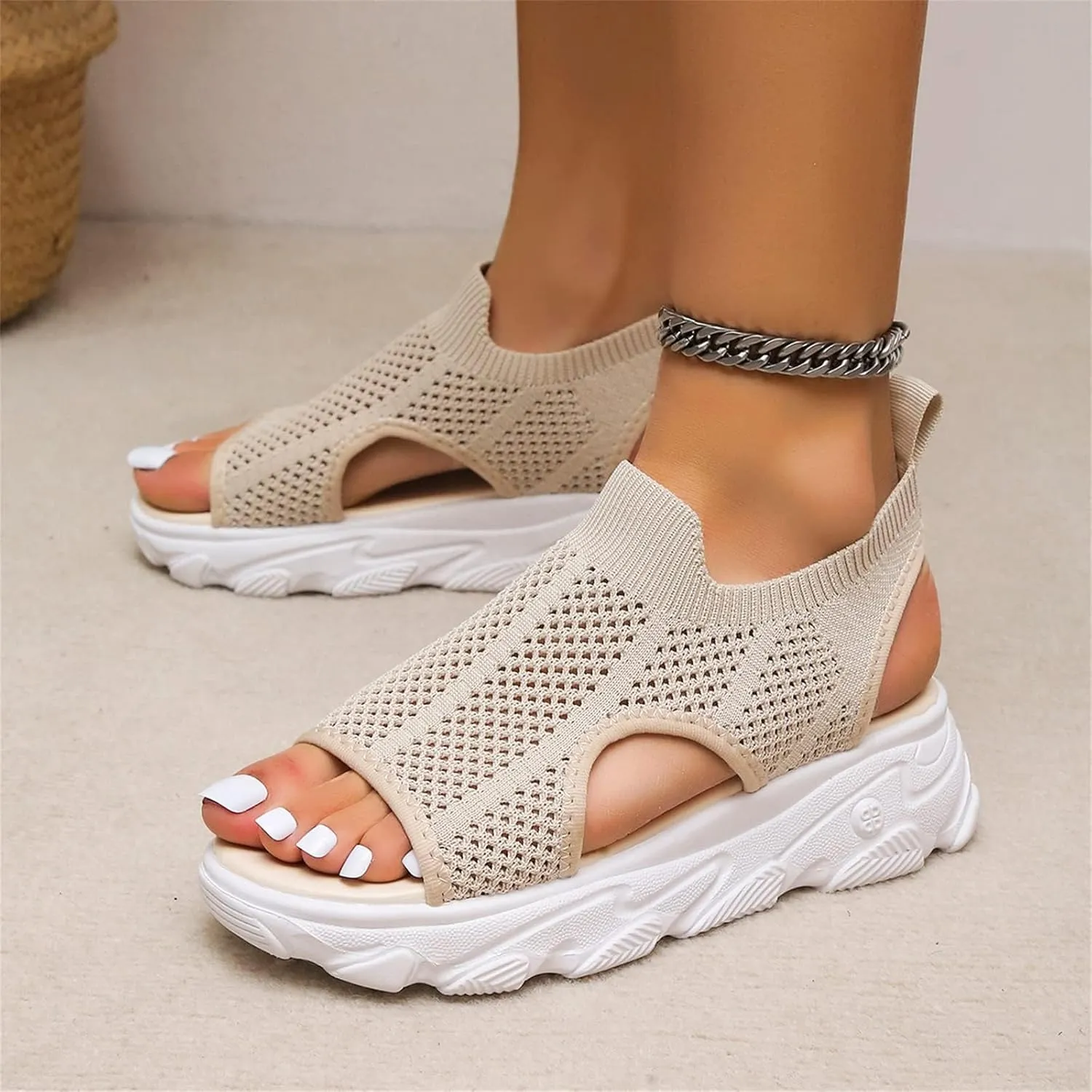 DOIX Women's Mesh Sandals Wedge Heel Comfortable Knit Sports Sandals Thick Fish Mouth Beach Casual Sandals Summer Elastic Slip on Platform Walking Shoes,Beige,US11/EU42