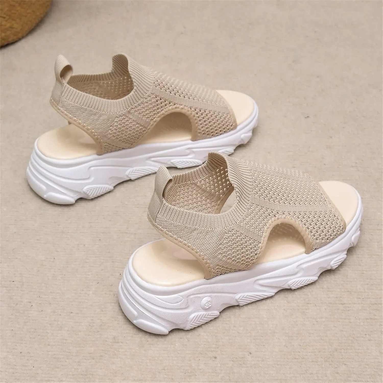 DOIX Women's Mesh Sandals Wedge Heel Comfortable Knit Sports Sandals Thick Fish Mouth Beach Casual Sandals Summer Elastic Slip on Platform Walking Shoes,Beige,US11/EU42