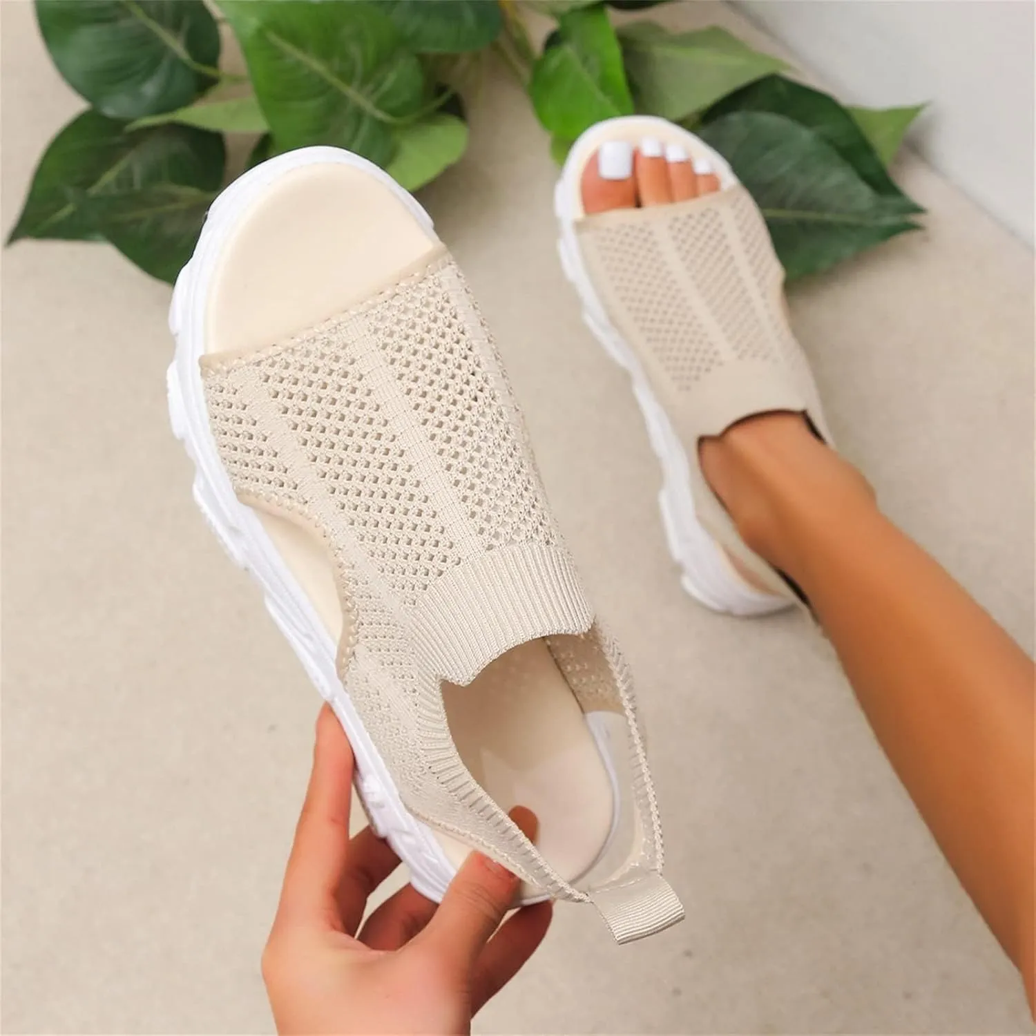 DOIX Women's Mesh Sandals Wedge Heel Comfortable Knit Sports Sandals Thick Fish Mouth Beach Casual Sandals Summer Elastic Slip on Platform Walking Shoes,Beige,US11/EU42