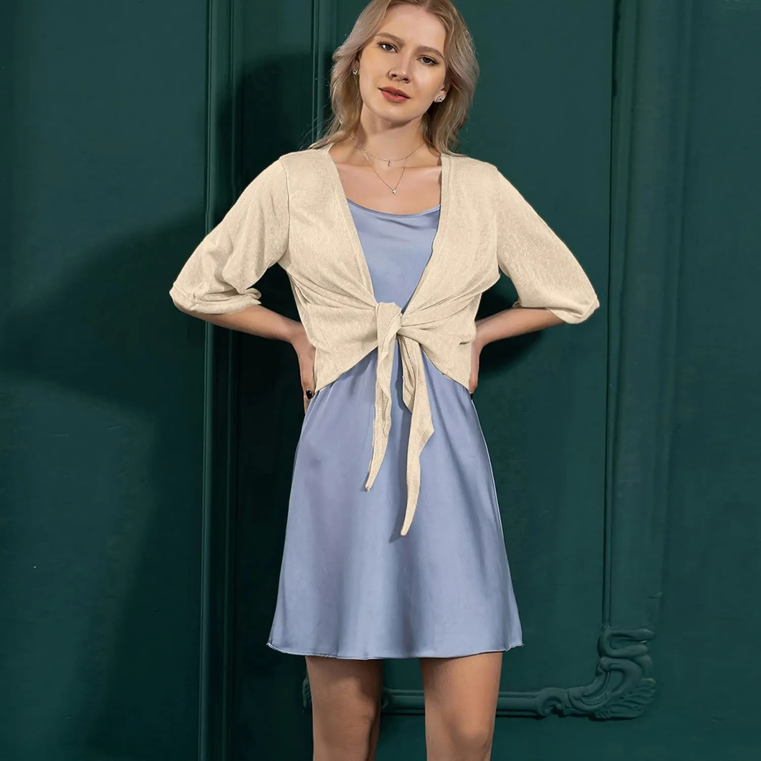 Dongfeng Women's 3/4 Sleeve Cropped Shrugs Lightweight Tie Front Sheer Chiffon Bolero Cardigan