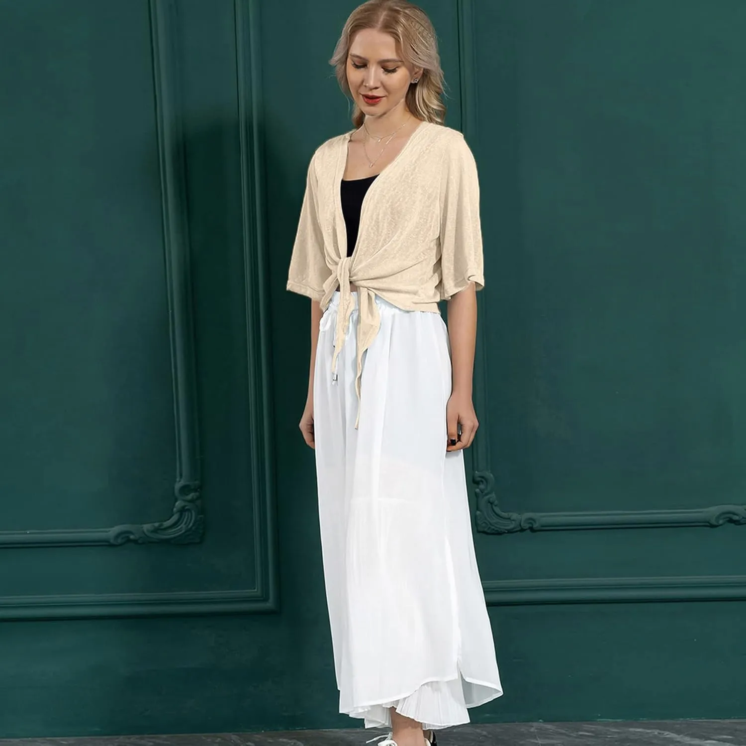 Dongfeng Women's 3/4 Sleeve Cropped Shrugs Lightweight Tie Front Sheer Chiffon Bolero Cardigan