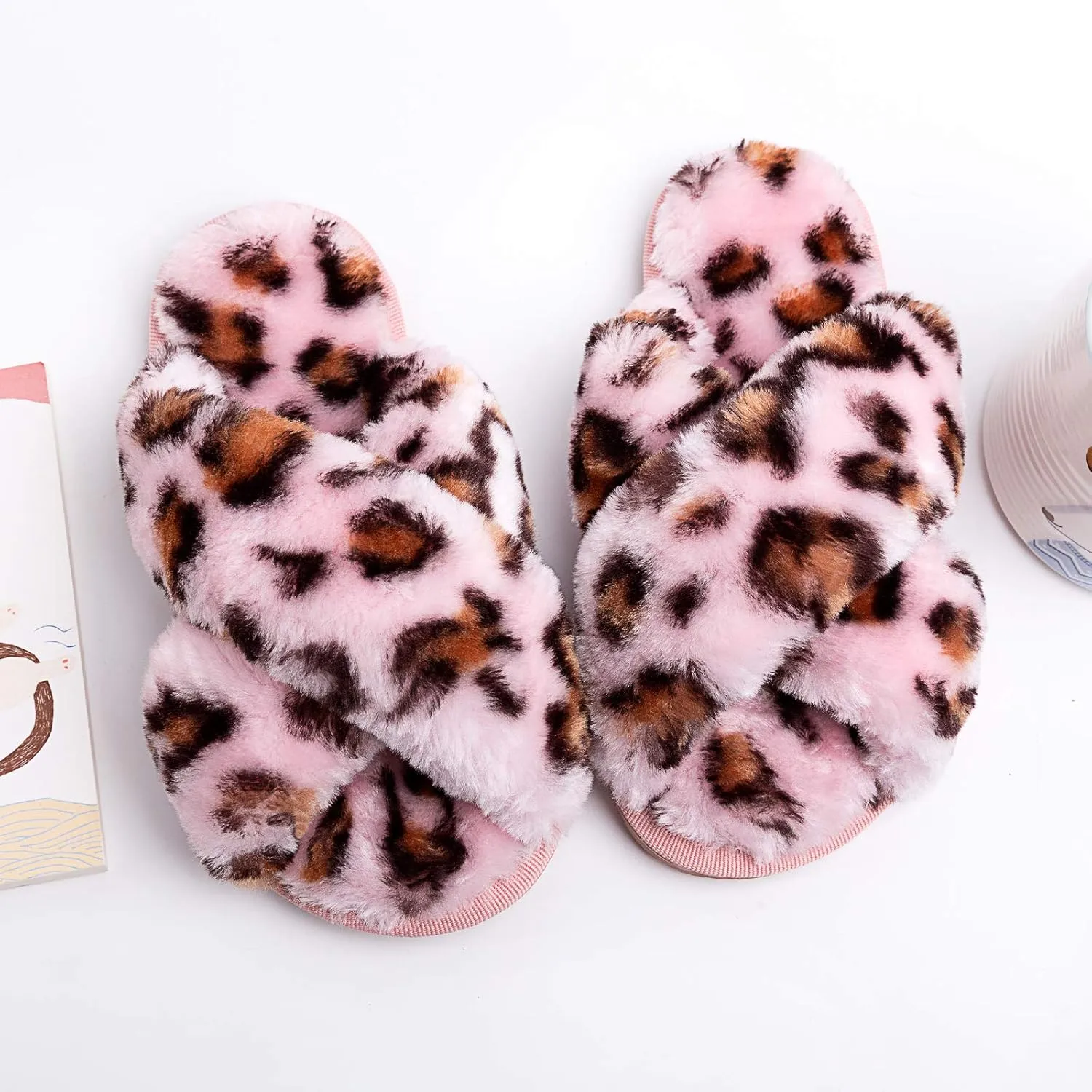 eccbox Girls Fluffy Slippers Kids Leopard Tie Dye Open Toe Memory Foam Slides Sandals Soft Plush Cross Band House Shoes Indoor Outdoor Slip On