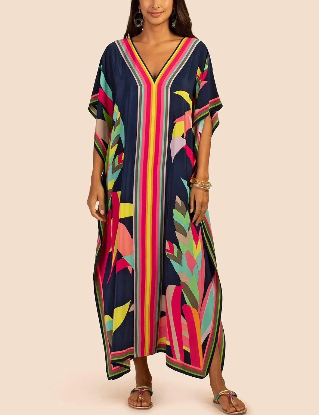 Eddoyee Women Long Print Swimwear Cover Up Sexy V Neck Side Split Beach Caftans Lounge Dresses
