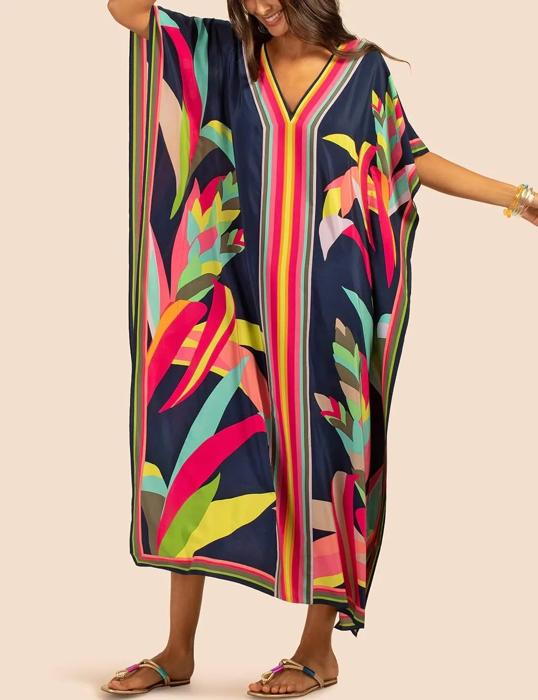 Eddoyee Women Long Print Swimwear Cover Up Sexy V Neck Side Split Beach Caftans Lounge Dresses