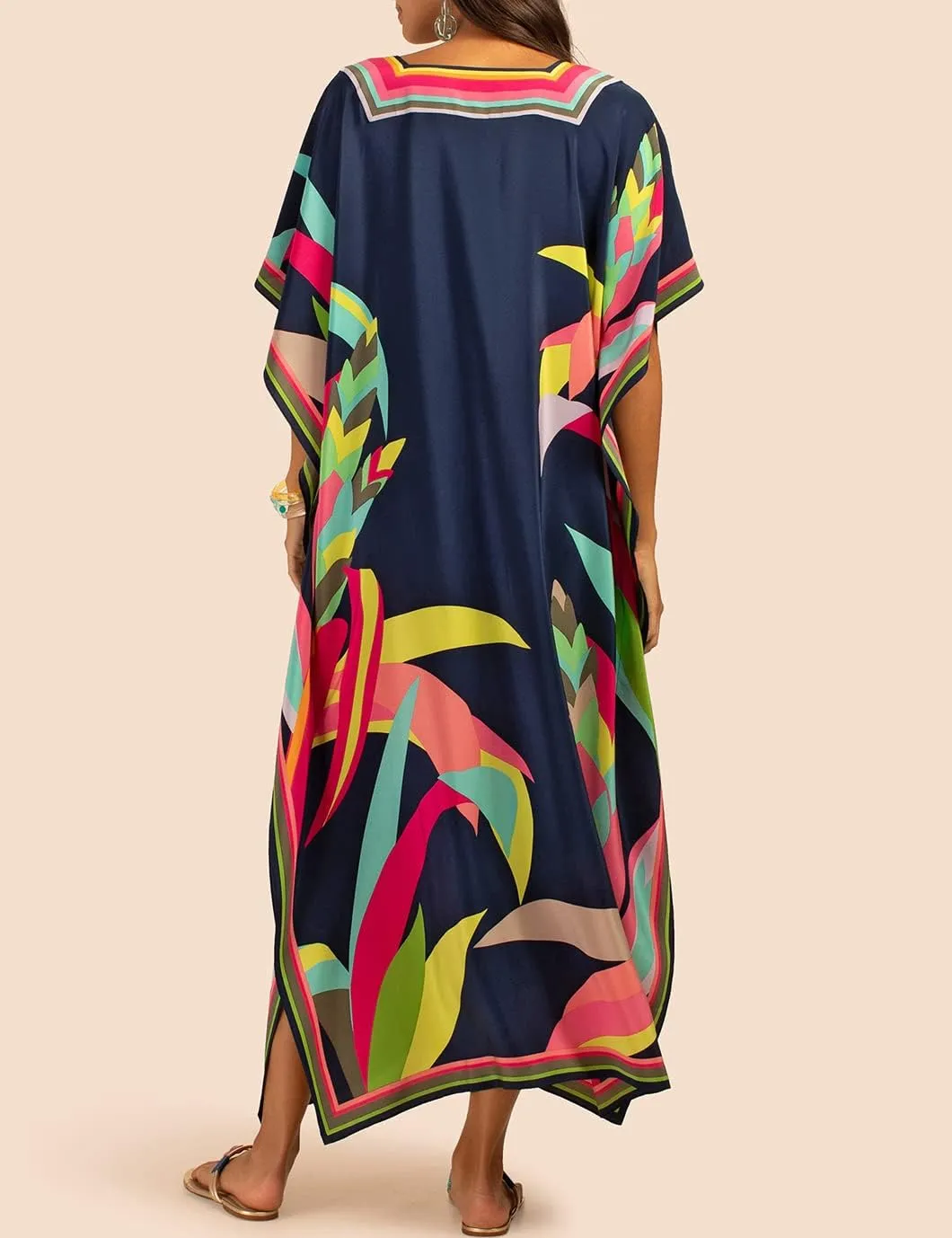 Eddoyee Women Long Print Swimwear Cover Up Sexy V Neck Side Split Beach Caftans Lounge Dresses