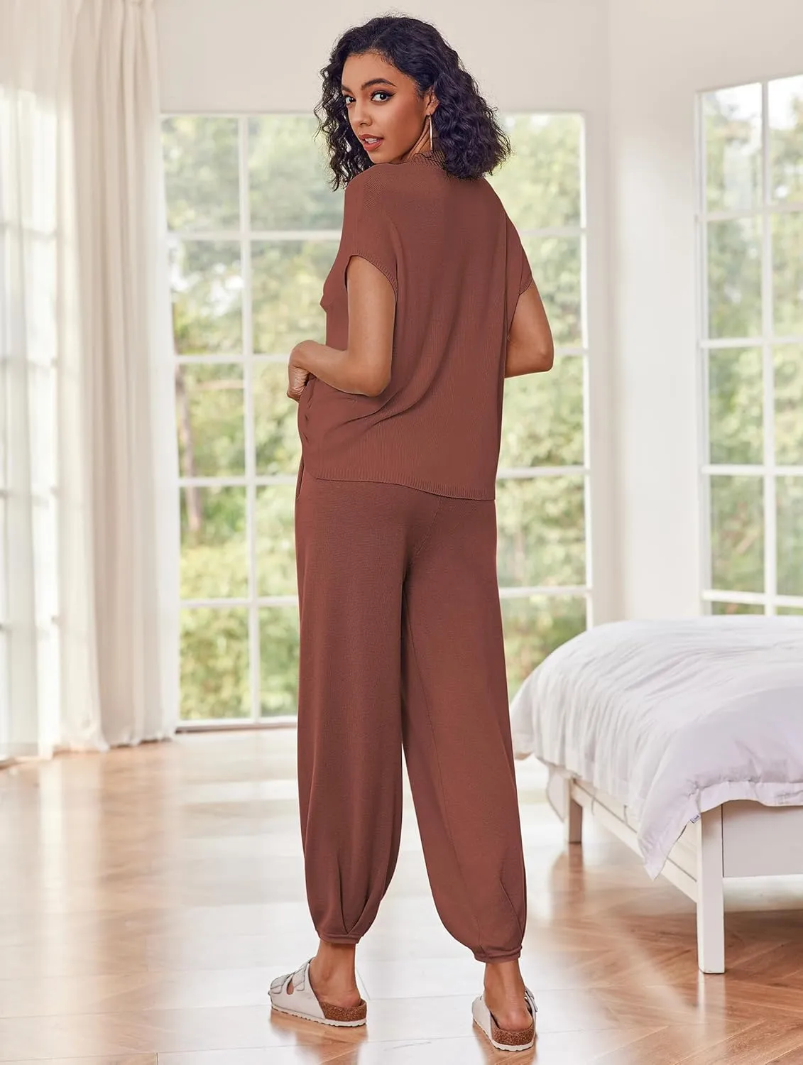 Ekouaer Two Piece Outfits Lounge Sets for Women Sweater Sets Knit Short Sleeve Tops Jogger Pants Matching Tracksuit