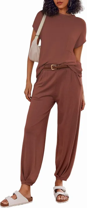 Ekouaer Two Piece Outfits Lounge Sets for Women Sweater Sets Knit Short Sleeve Tops Jogger Pants Matching Tracksuit
