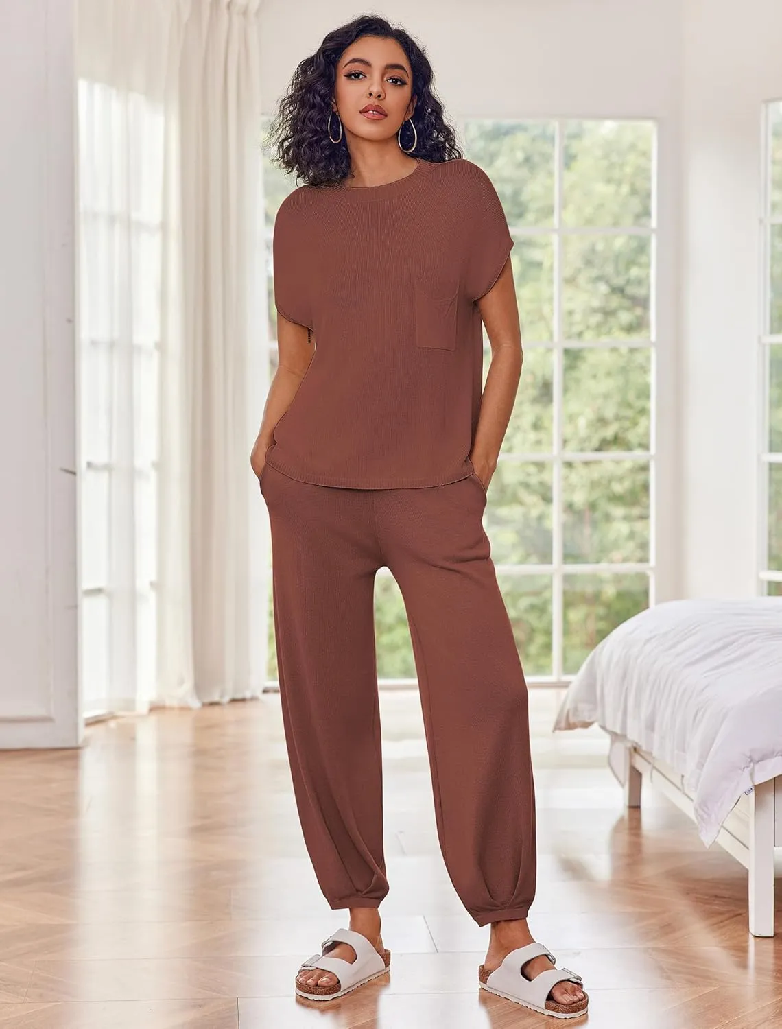 Ekouaer Two Piece Outfits Lounge Sets for Women Sweater Sets Knit Short Sleeve Tops Jogger Pants Matching Tracksuit
