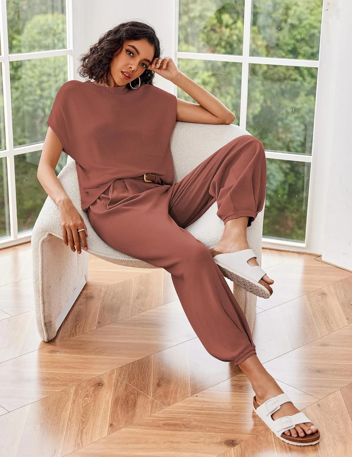 Ekouaer Two Piece Outfits Lounge Sets for Women Sweater Sets Knit Short Sleeve Tops Jogger Pants Matching Tracksuit