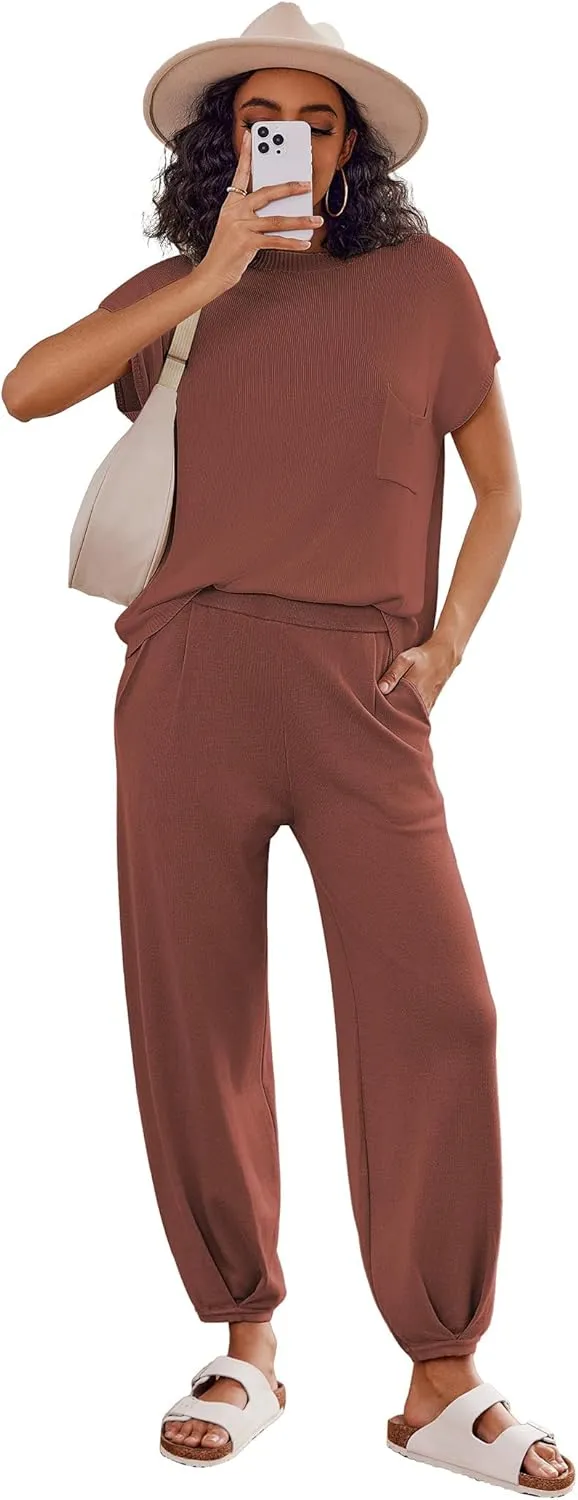 Ekouaer Two Piece Outfits Lounge Sets for Women Sweater Sets Knit Short Sleeve Tops Jogger Pants Matching Tracksuit