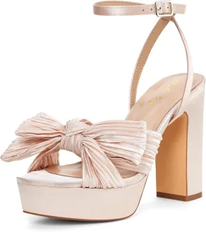 Elisabet Tang Vintage Bow Strappy Platform Chunky Block Heels Satin Bowknot Round Toe Sandals 4 inch for Evening Prom Comfortable