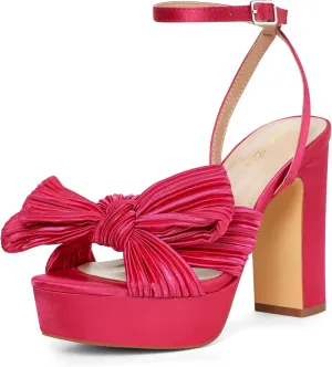 Elisabet Tang Vintage Bow Strappy Platform Chunky Block Heels Satin Bowknot Round Toe Sandals 4 inch for Evening Prom Comfortable