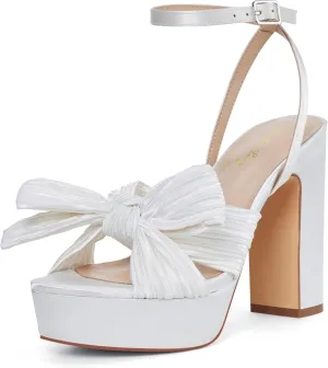 Elisabet Tang Vintage Bow Strappy Platform Chunky Block Heels Satin Bowknot Round Toe Sandals 4 inch for Evening Prom Comfortable