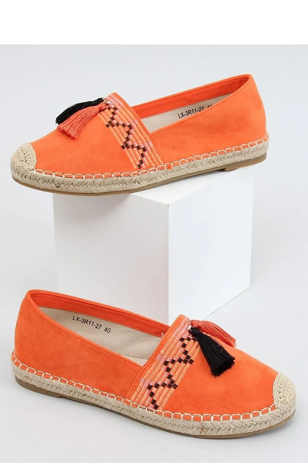 Embroidered Orange Womens Espadrille Flats - Jute Cap Toe & Boho Fringe Tassels