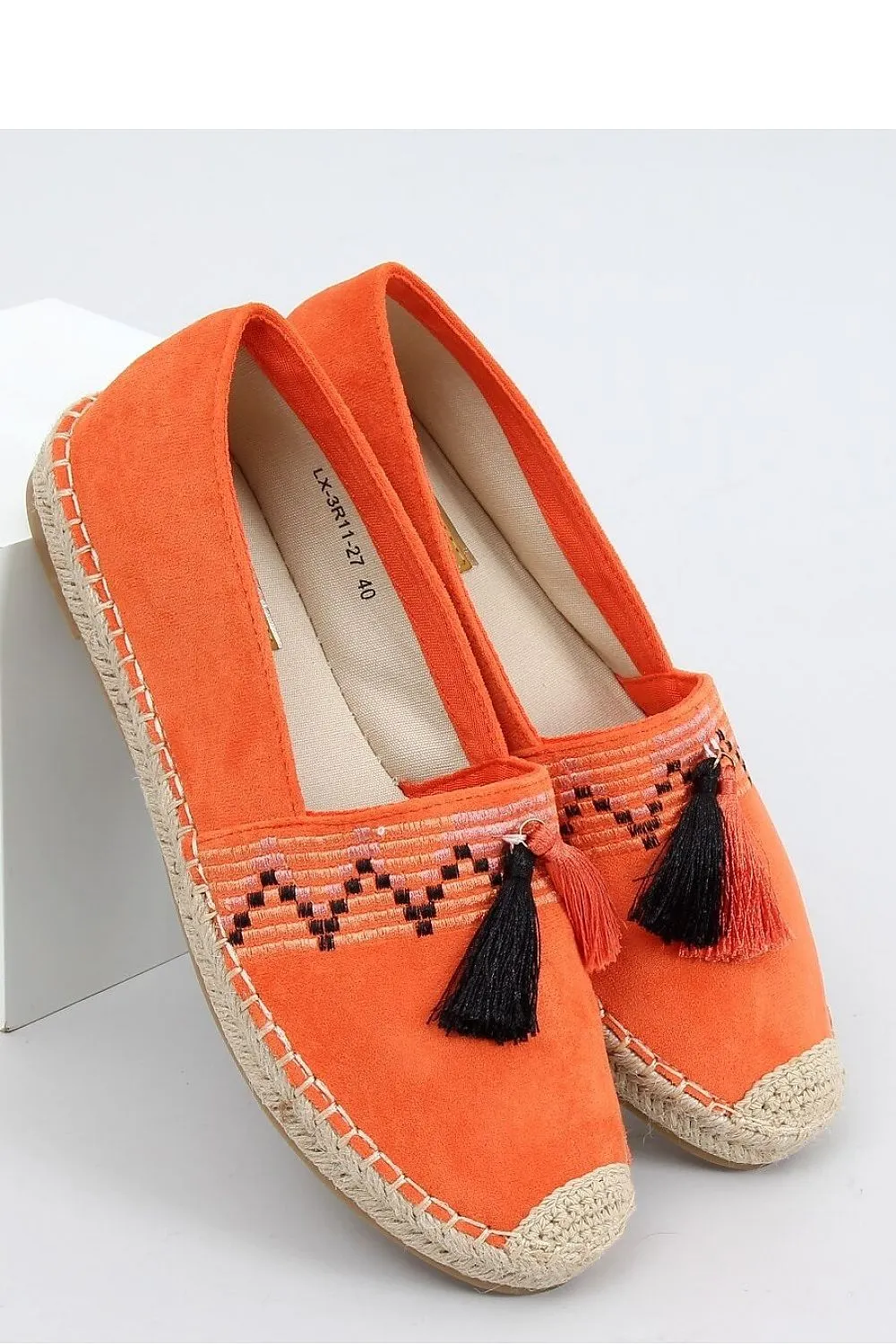 Embroidered Orange Womens Espadrille Flats - Jute Cap Toe & Boho Fringe Tassels