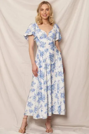 En Crème - Puff Sleeve Floral Print Midi Dress: White Blue