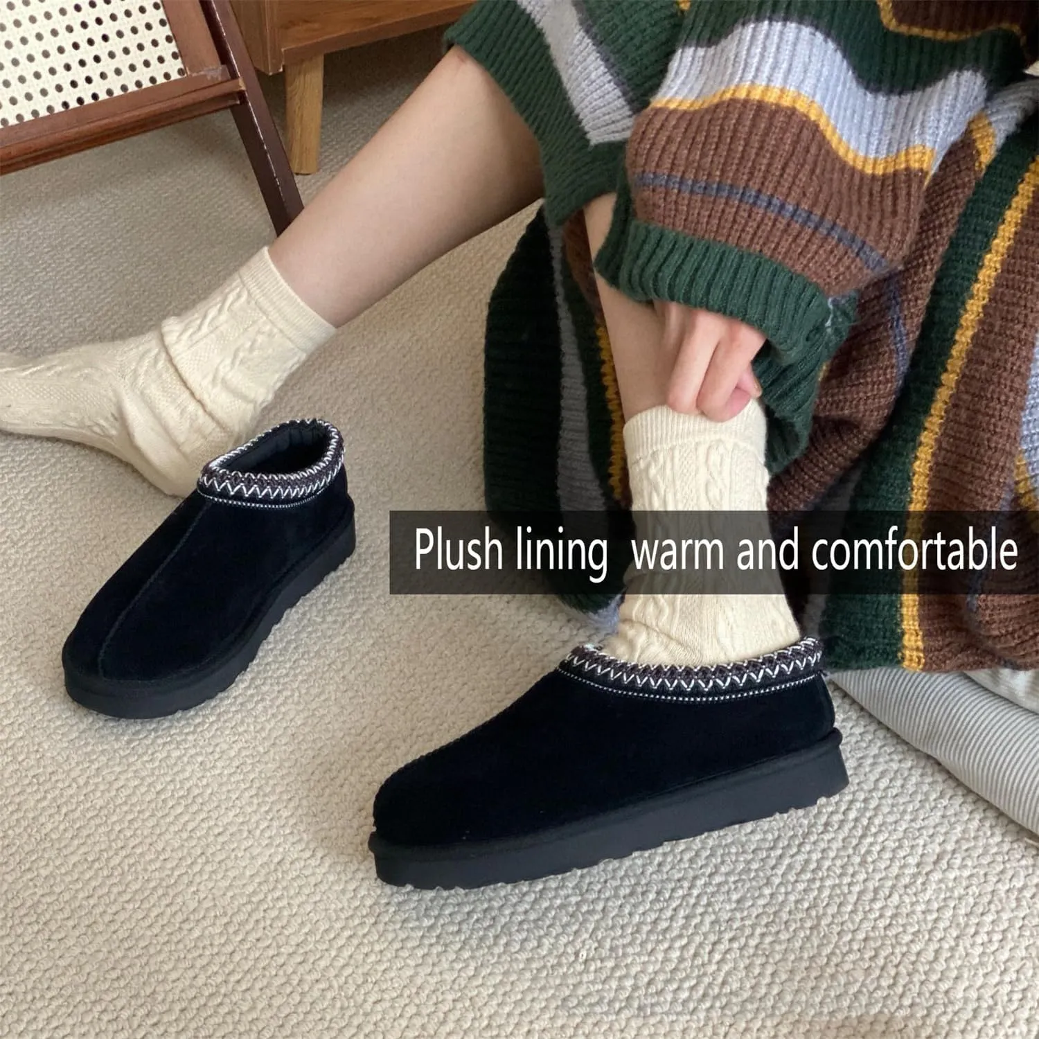 Fashion Plush Platform Slippers - Women's Trend Mini Fleece Lined Anti Slip Short Ankle Boots for Outdoor & Indoor Use