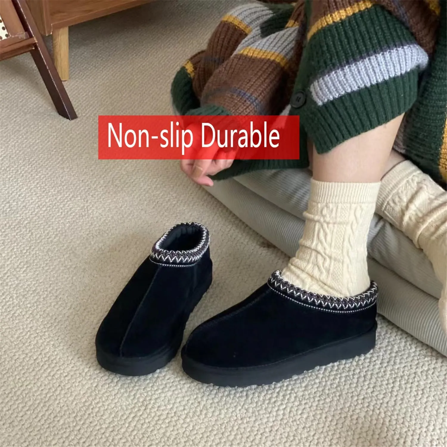 Fashion Plush Platform Slippers - Women's Trend Mini Fleece Lined Anti Slip Short Ankle Boots for Outdoor & Indoor Use