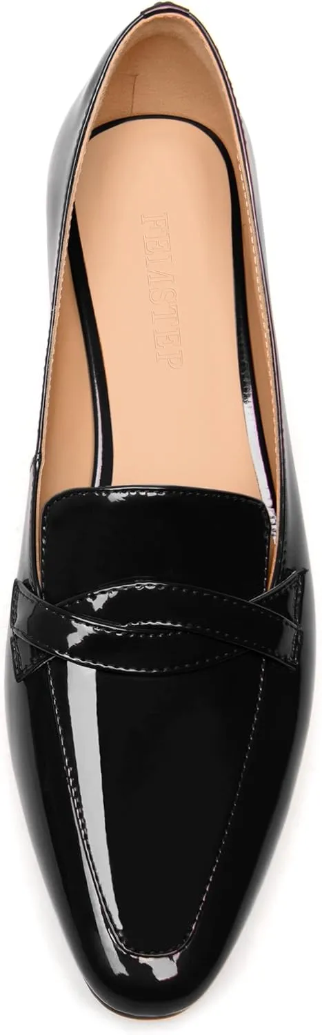 FEMSTEP Womens Dating Slip On Patent Leather Square Toe Dress Chunky Low Heel Loafers Shoes 1.5 Inch