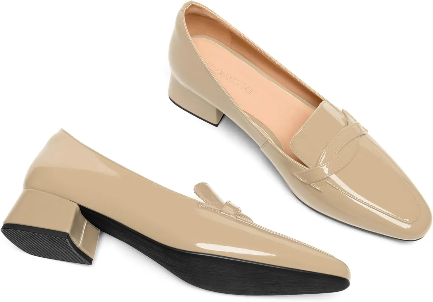 FEMSTEP Womens Dating Slip On Patent Leather Square Toe Dress Chunky Low Heel Loafers Shoes 1.5 Inch