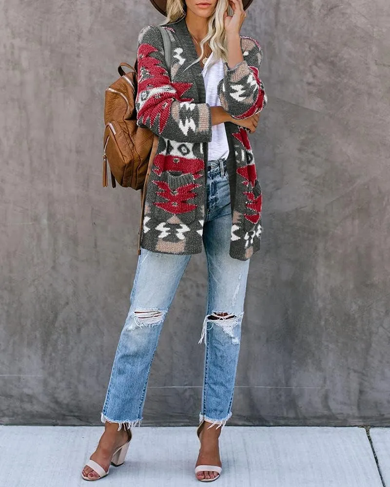 FERBIA Women Boho Cardigan Aztec Open Front Loose Slouchy Sweaters Tribal Long Sleeve Knitted Christmas Jacket Coat