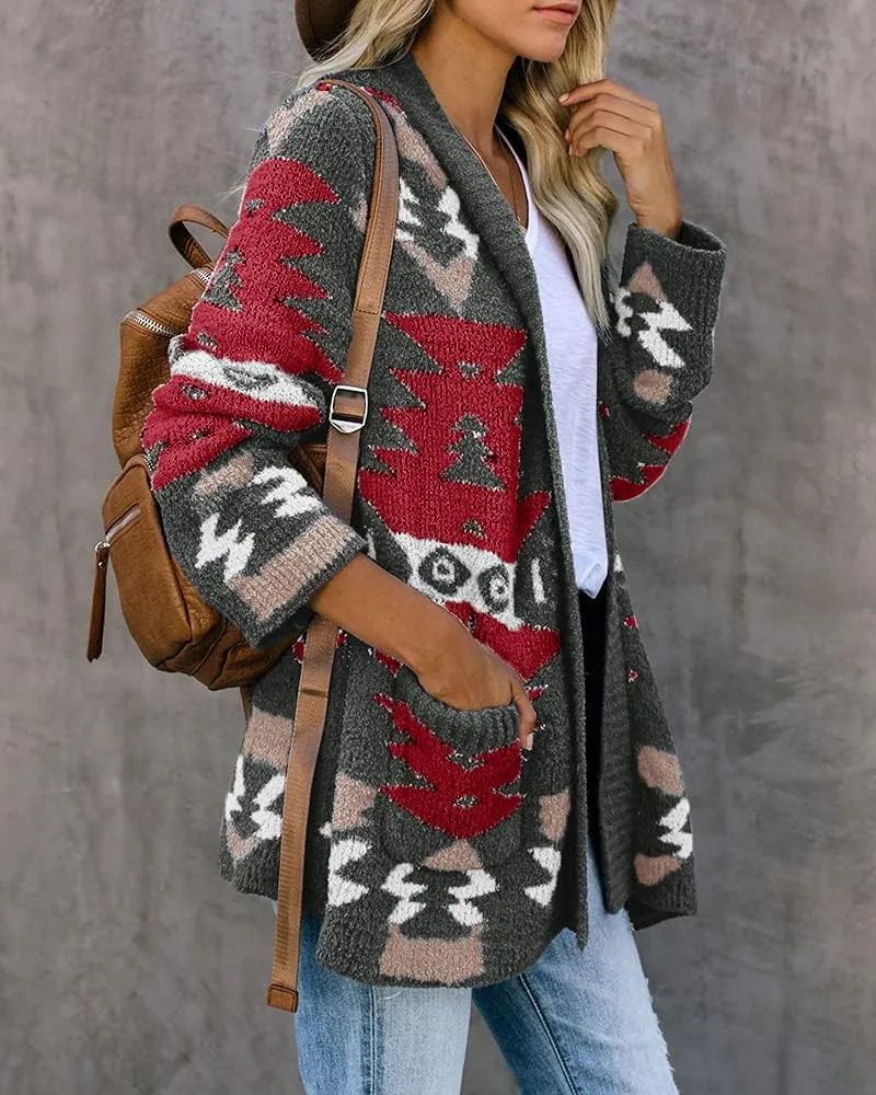 FERBIA Women Boho Cardigan Aztec Open Front Loose Slouchy Sweaters Tribal Long Sleeve Knitted Christmas Jacket Coat