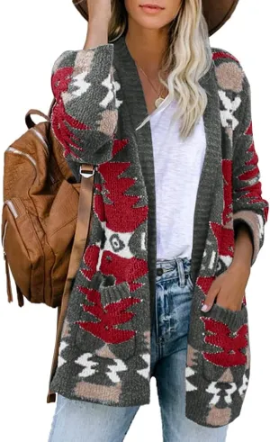 FERBIA Women Boho Cardigan Aztec Open Front Loose Slouchy Sweaters Tribal Long Sleeve Knitted Christmas Jacket Coat
