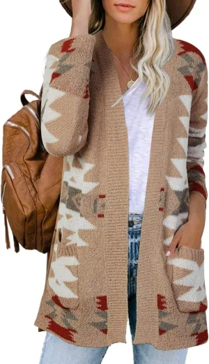 FERBIA Women Boho Cardigan Aztec Open Front Loose Slouchy Sweaters Tribal Long Sleeve Knitted Christmas Jacket Coat